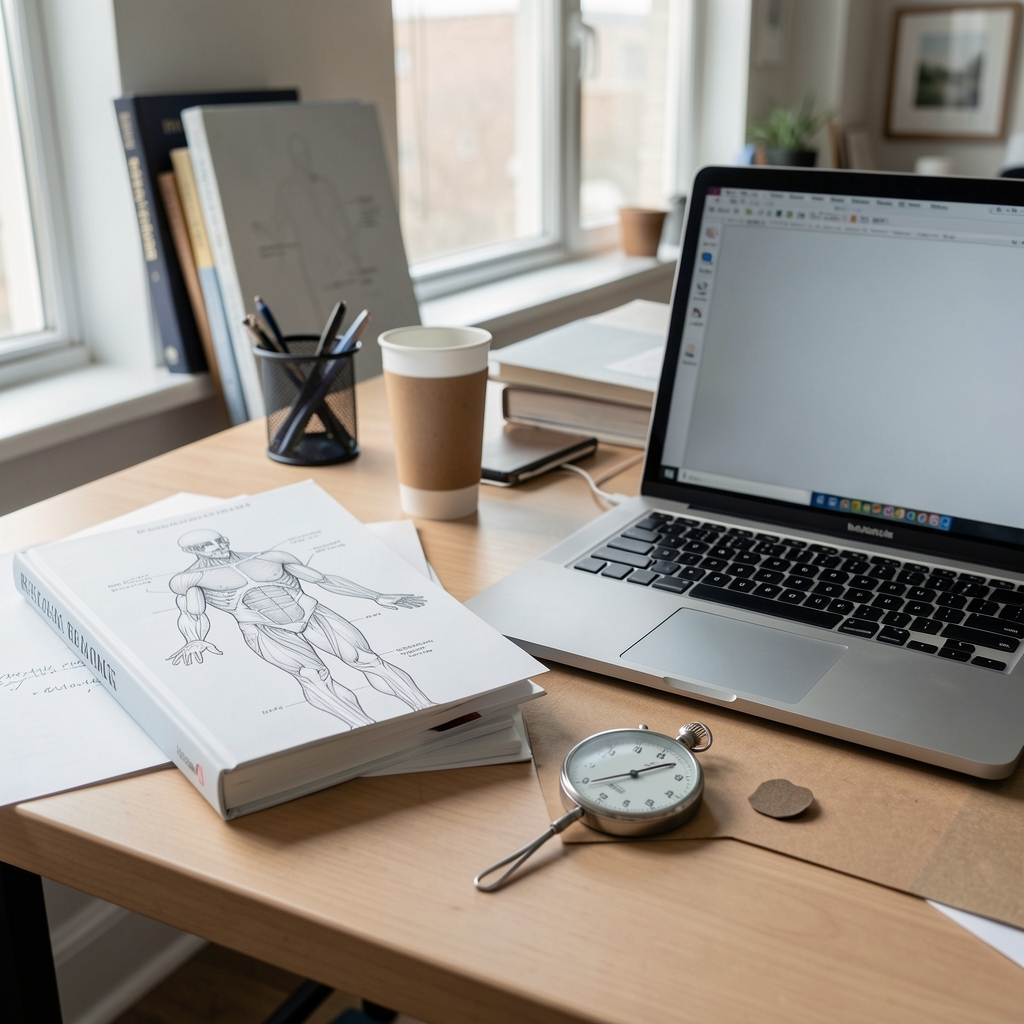 Research book, stopwatch and anatomical sketch arranged beside a laptop on an editorial desk