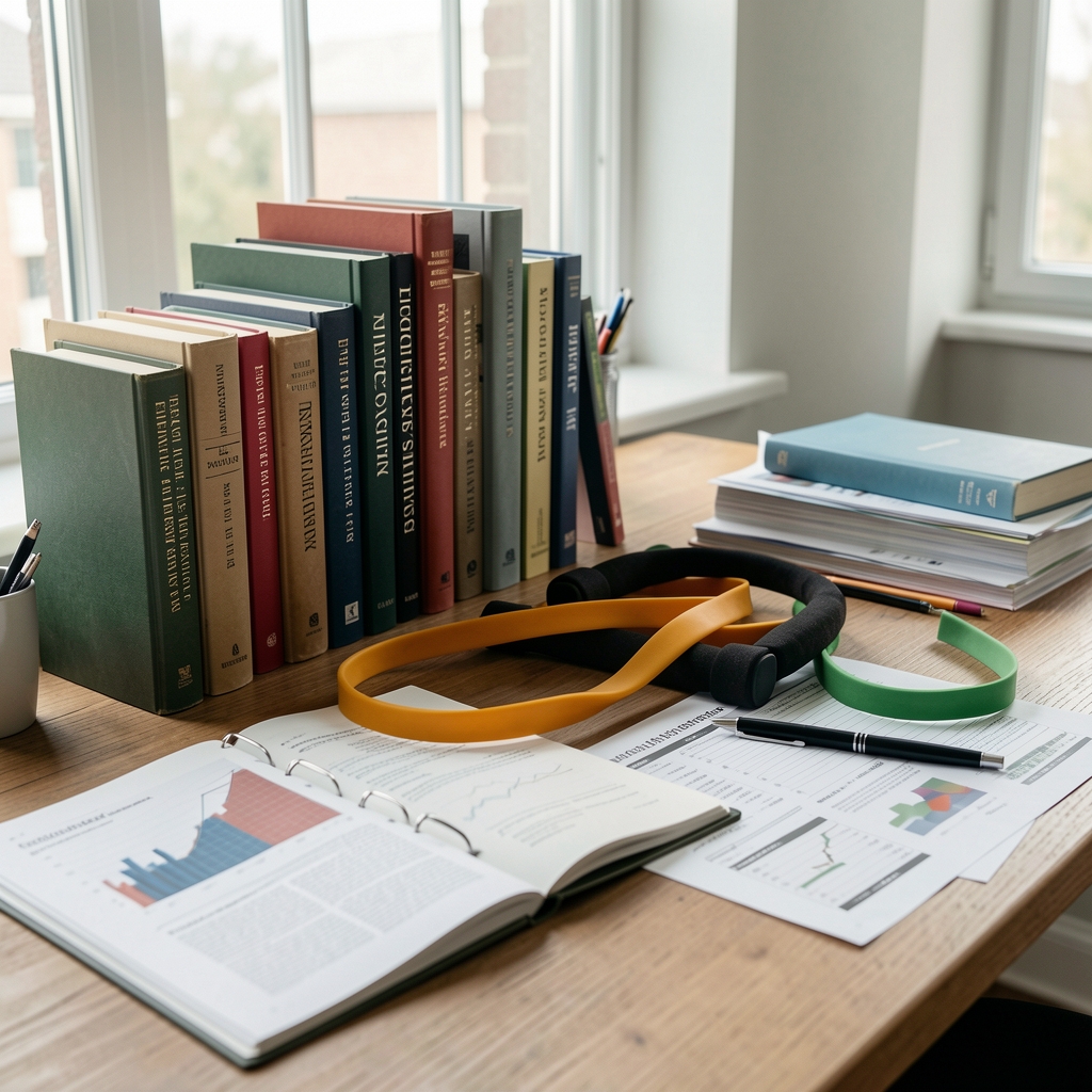 Bright Genese editorial workspace with books, resistance bands and research papers