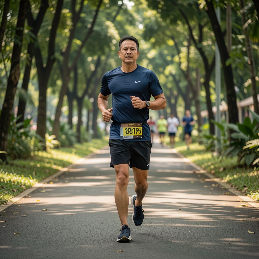 Recreational runner in his forties maintaining an even pace on a shaded Jakarta path