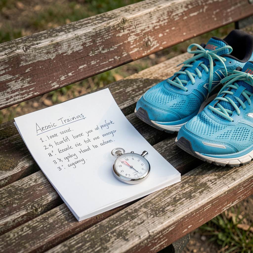 Handwritten aerobic training notes beside a stopwatch and running shoes on a wooden bench