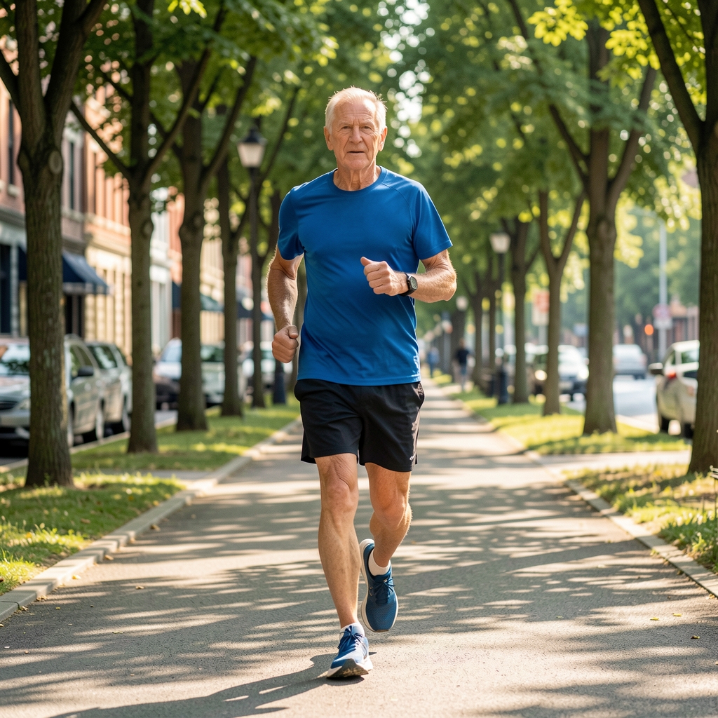 Older recreational runner following a relaxed pace on a shaded urban path