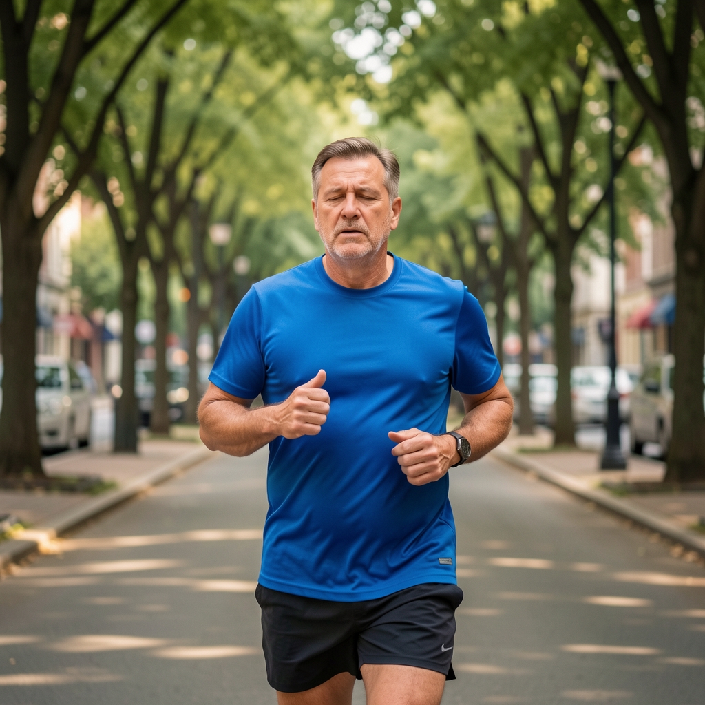Middle-aged man breathing steadily during an easy run along a tree-lined city path