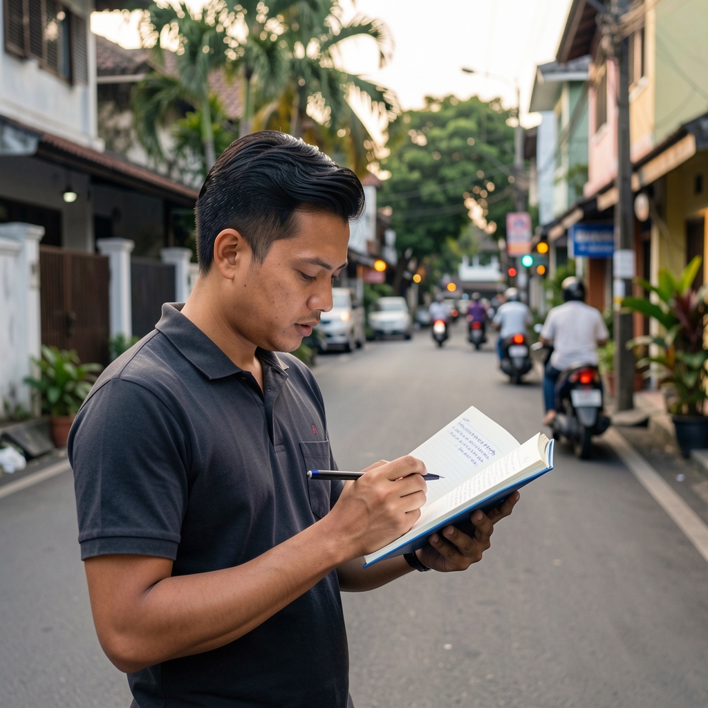 Man reviewing a simple recovery diary after an evening walk in a quiet Jakarta neighborhood