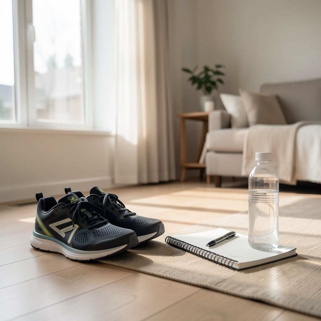 Calm morning room with training shoes, water and a notebook ready for a recovery check-in