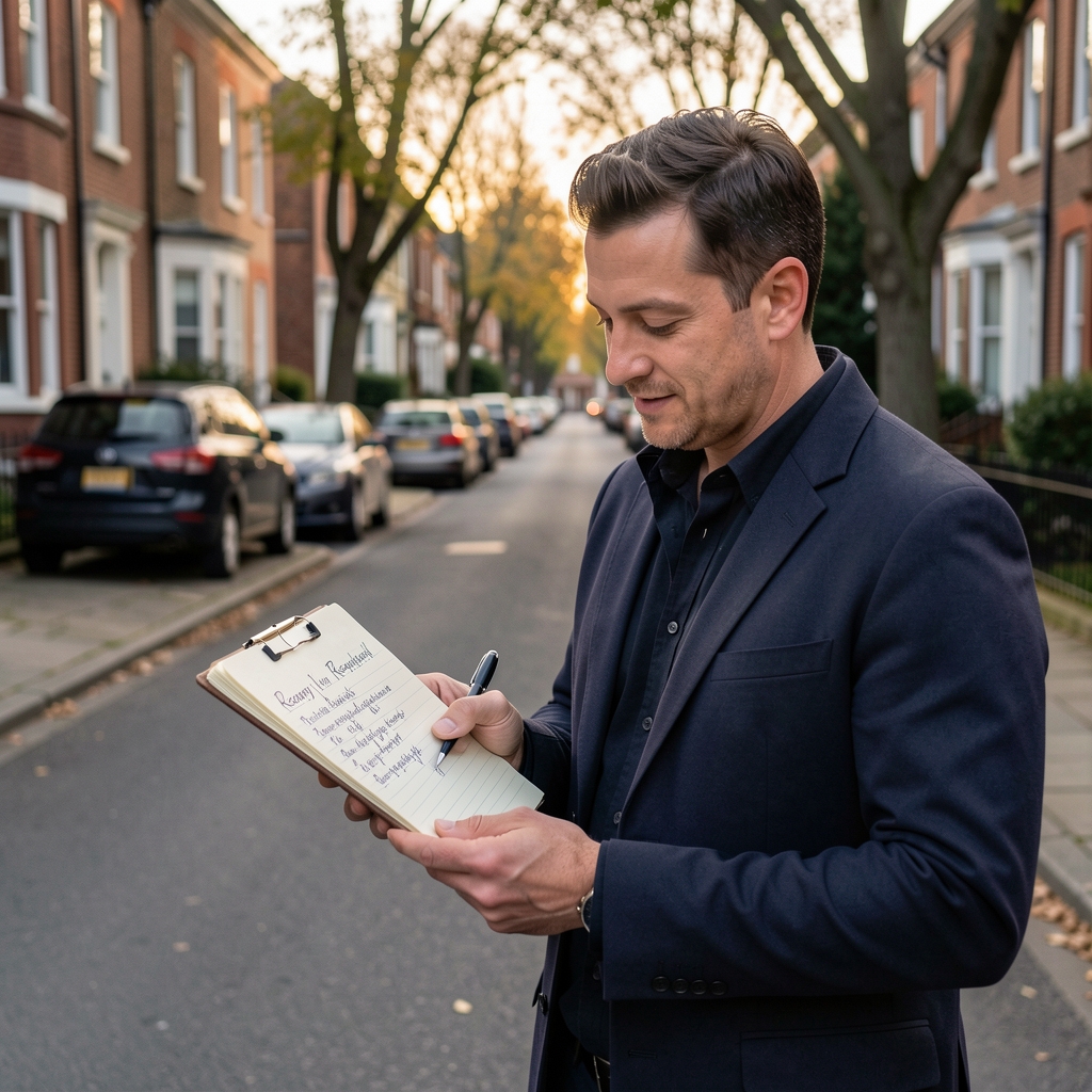 Man reviewing a handwritten recovery log after a calm evening walk in a residential street