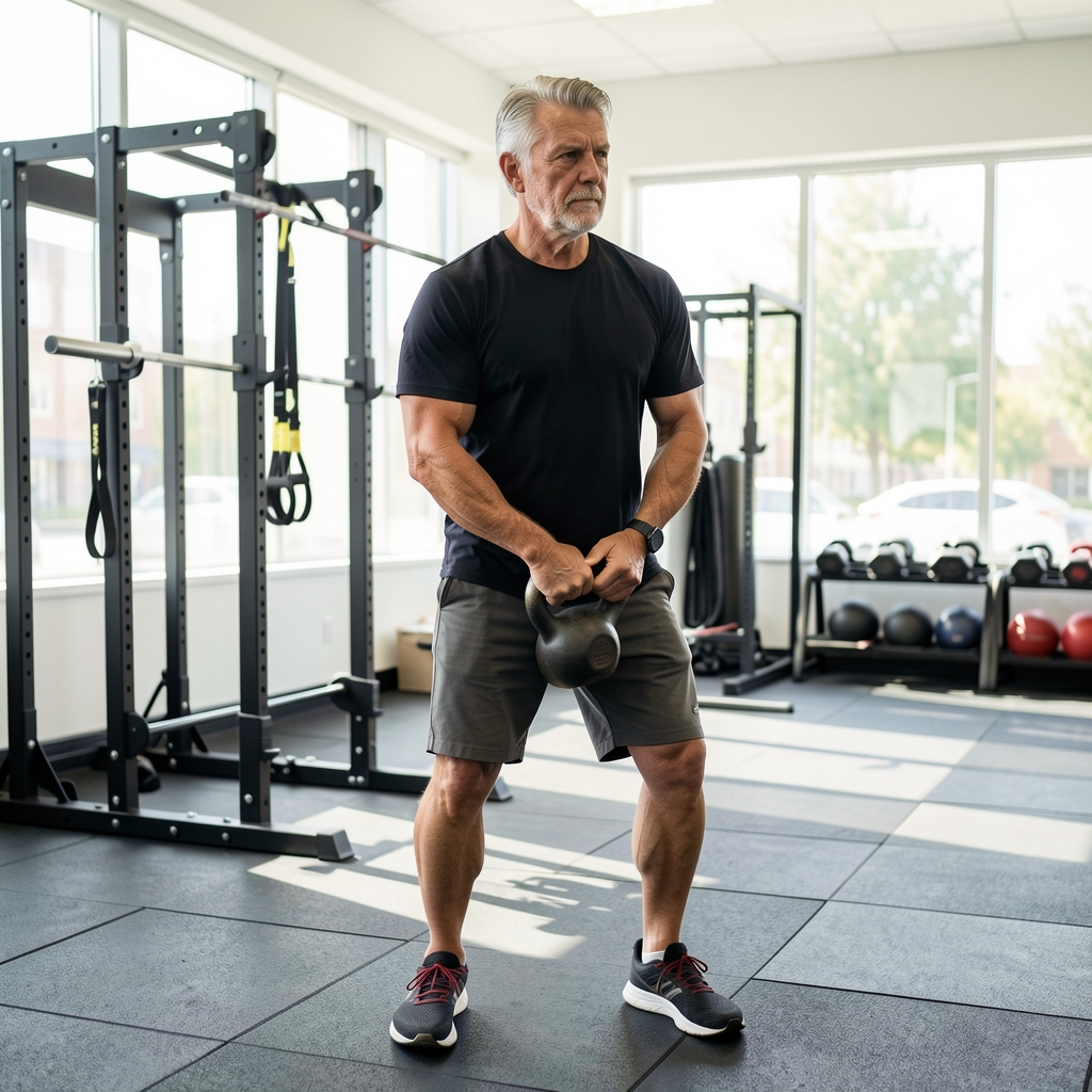Mature trainee carrying a moderate kettlebell across a bright functional training studio