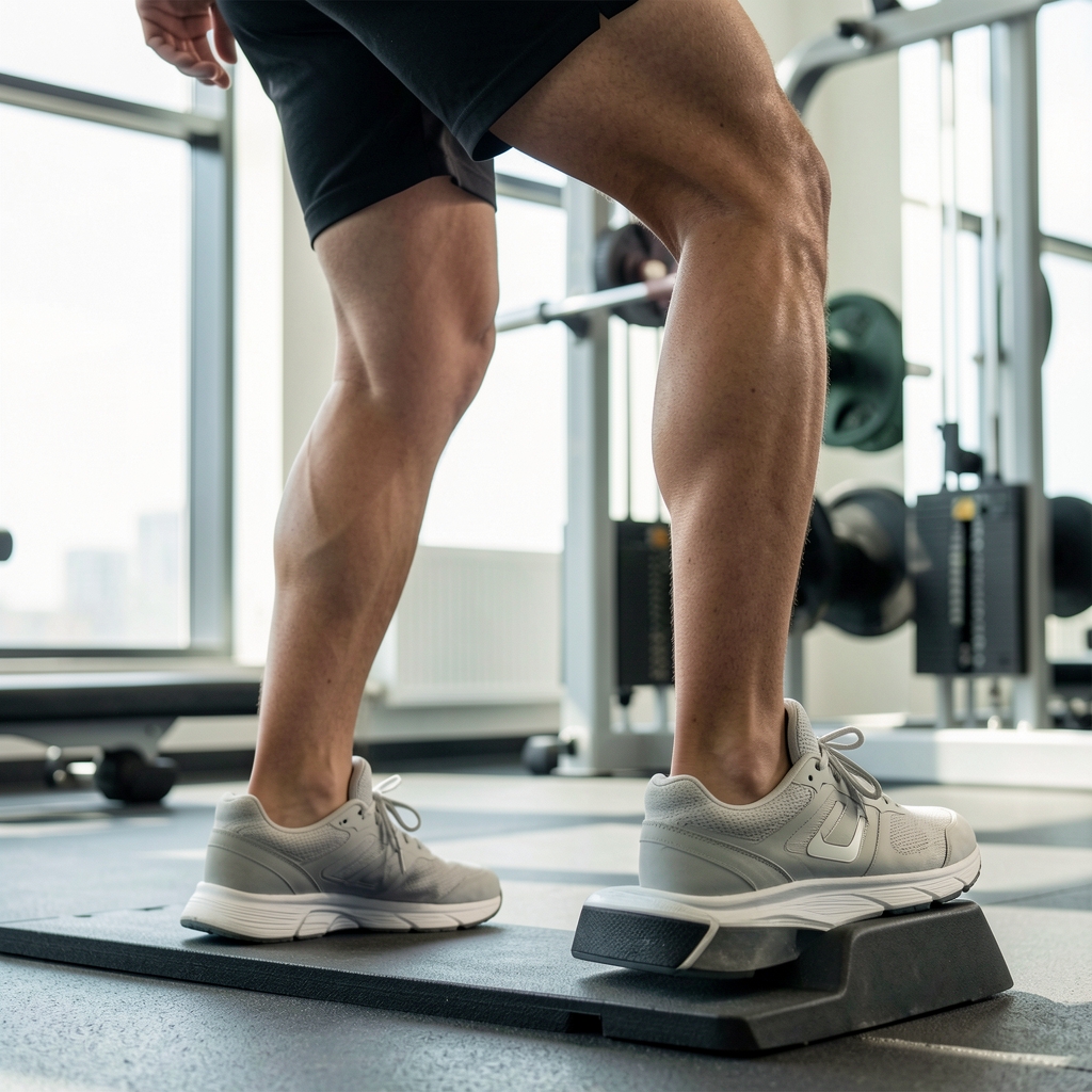 Close view of stable foot position and controlled knee alignment during a step-up exercise