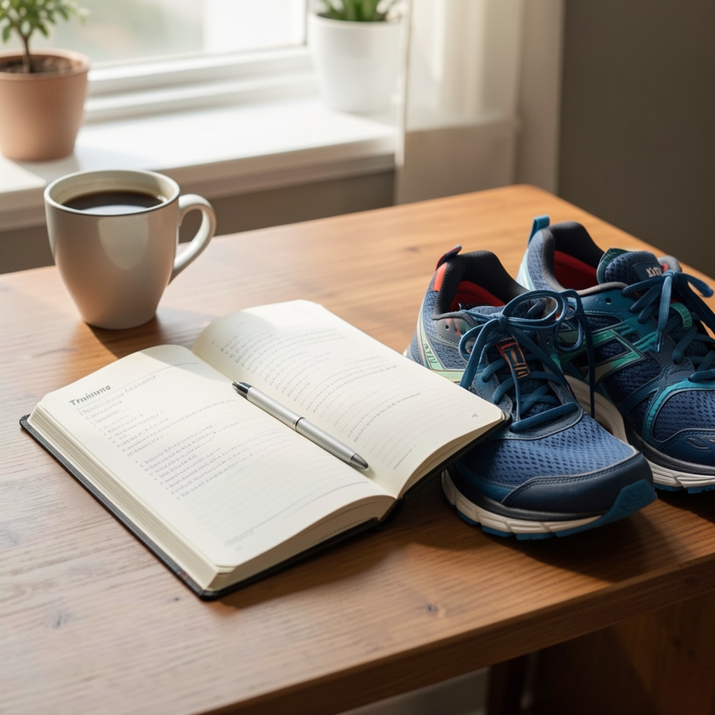 Open training journal and running shoes on a desk beside a cup of coffee in morning light