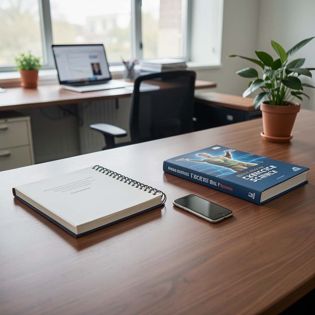 Editorial desk with contact notebook, smartphone and exercise science book in a professional office