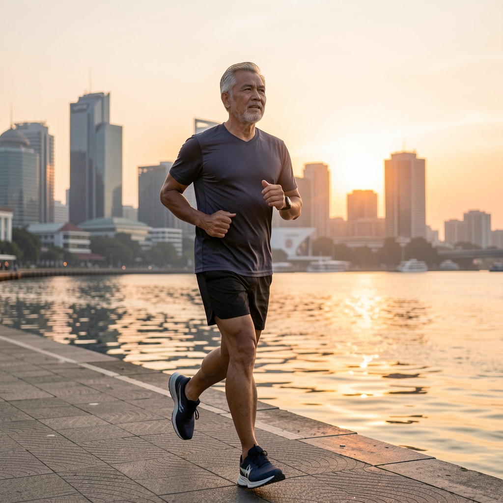 Mature man jogging beside a Jakarta waterfront at sunrise with even relaxed stride