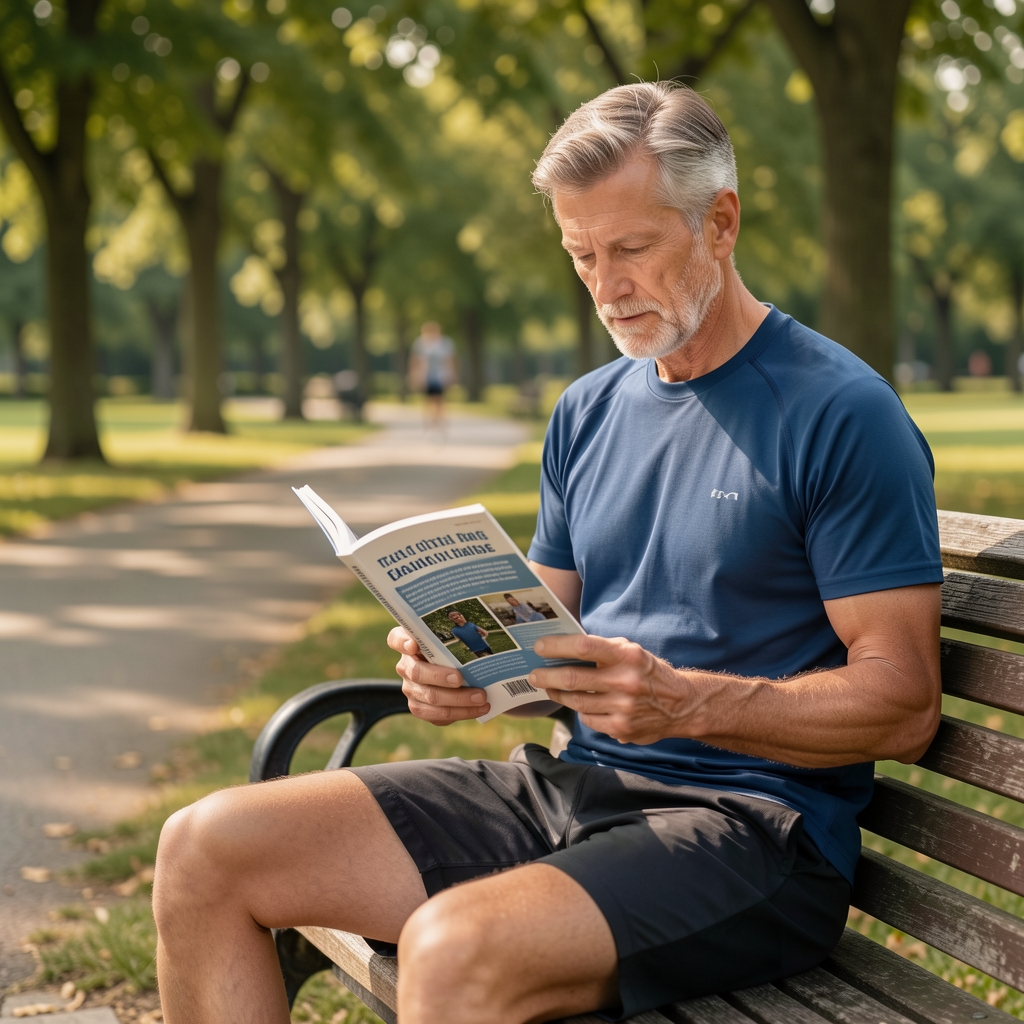 Mature athlete reading a training guide beside a park bench after a morning walk
