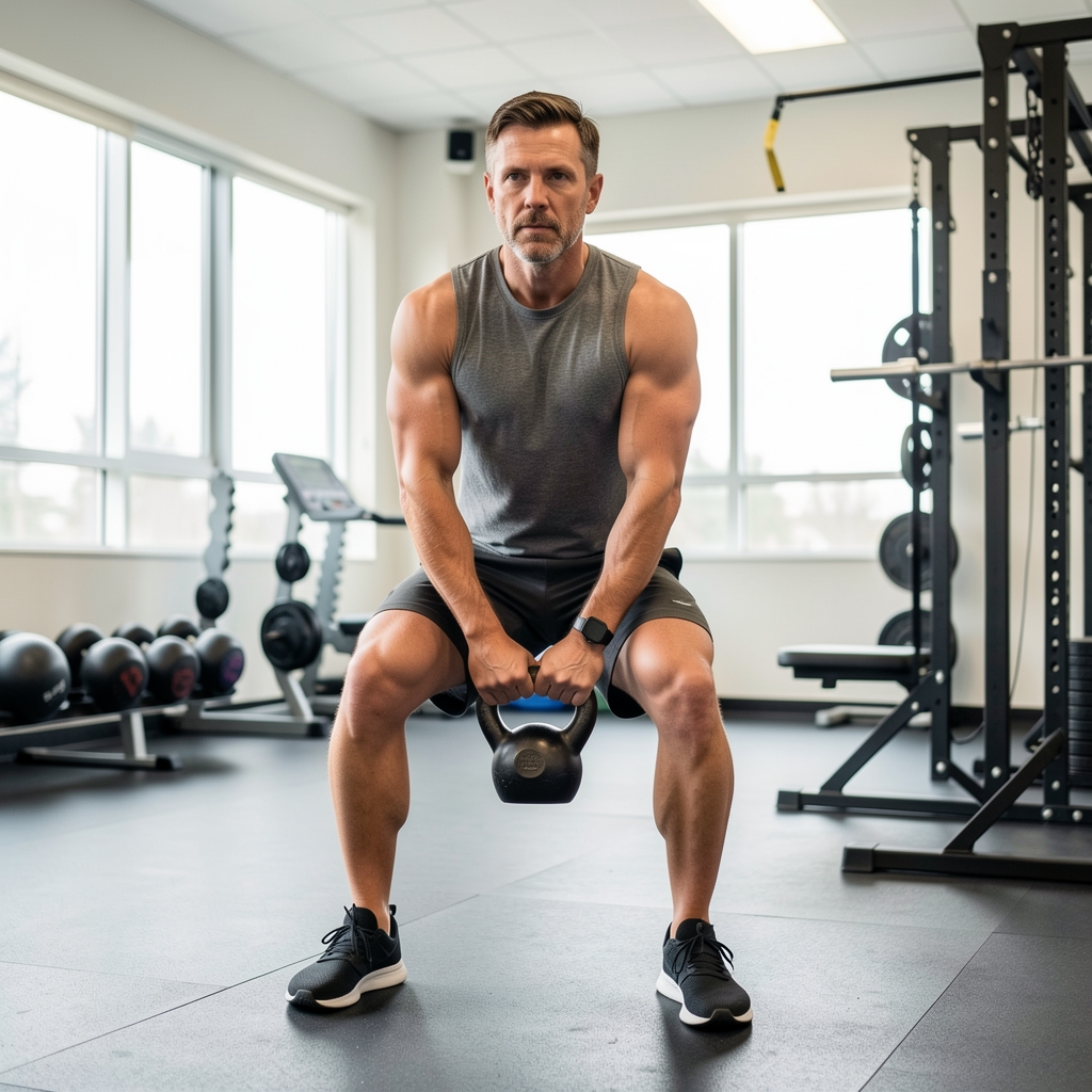 Man in his forties performing a controlled kettlebell movement in a bright functional training studio