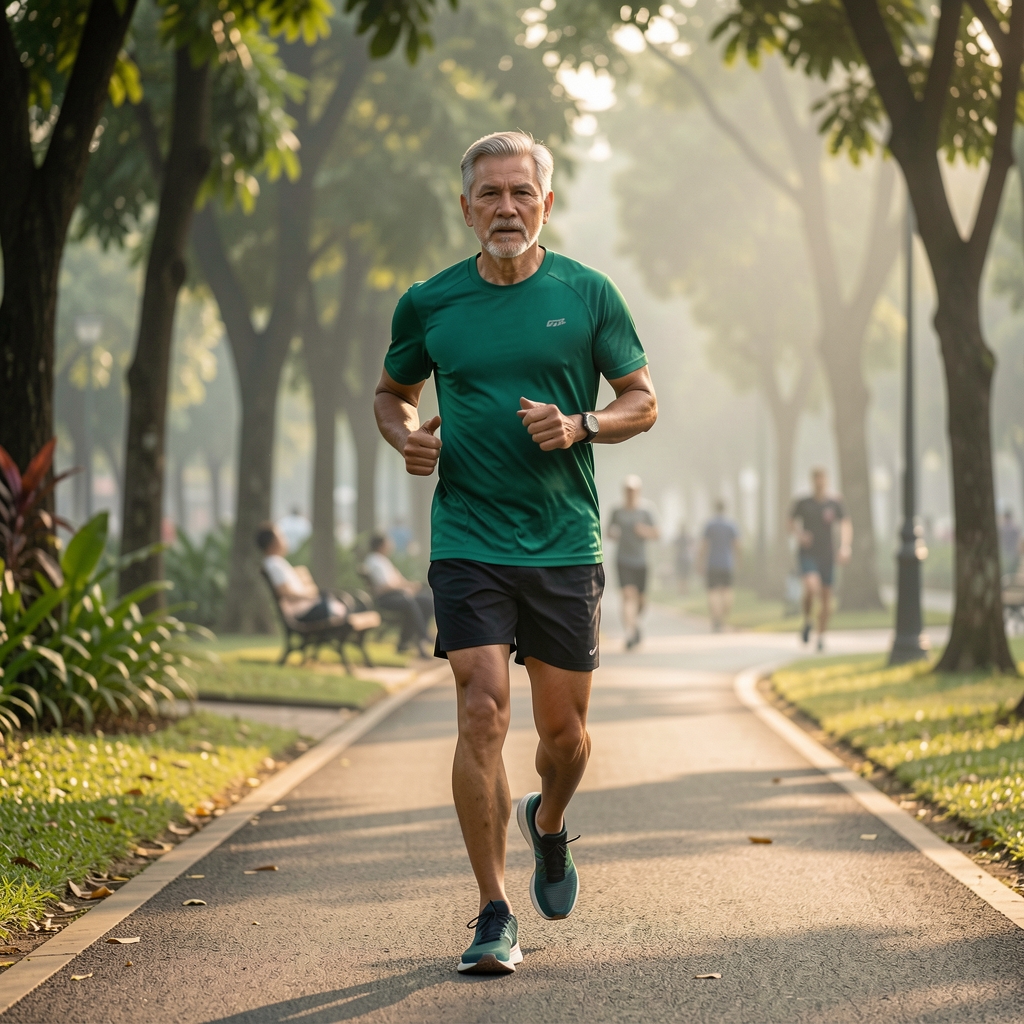 Mature male runner moving through a Jakarta park at early morning with focused relaxed posture
