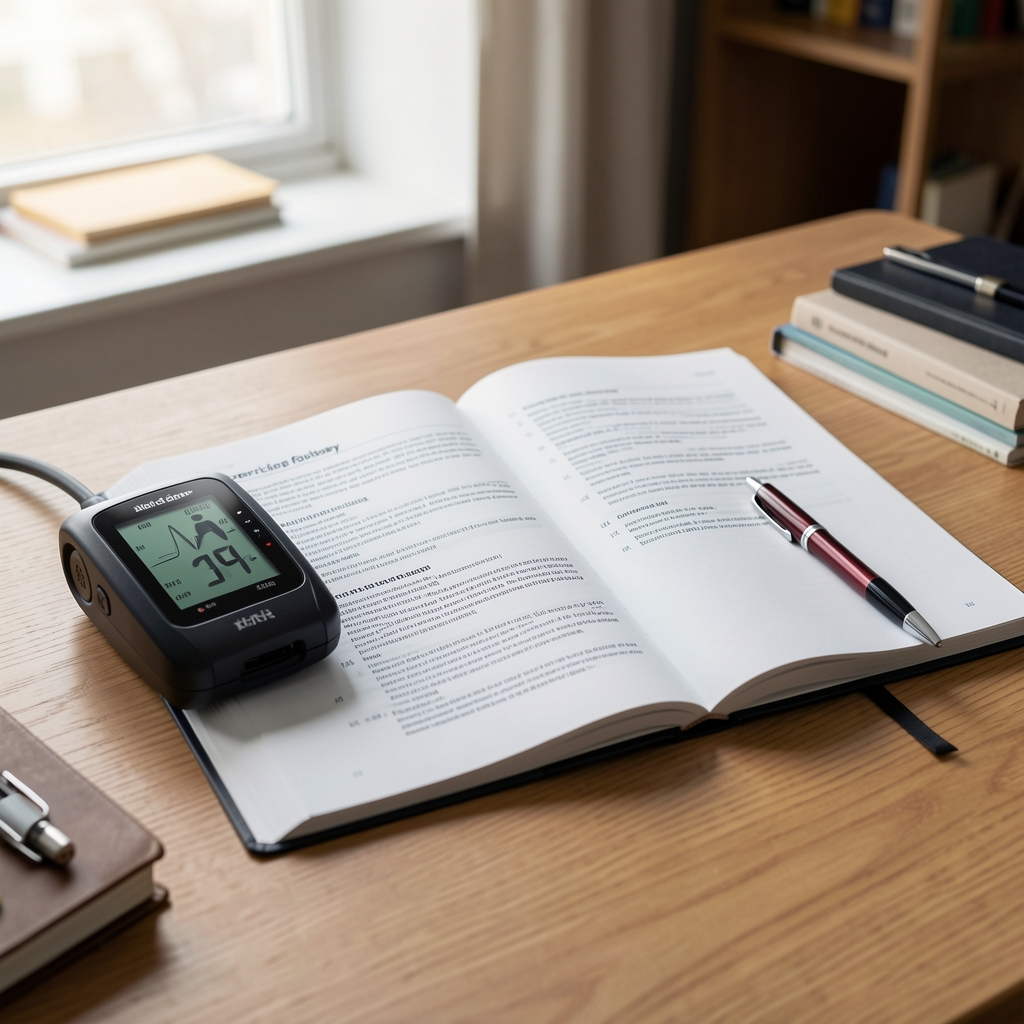 Open exercise physiology glossary beside a heart-rate monitor and pen on a study table