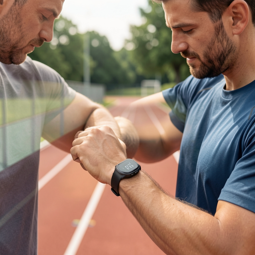 Close view of a man checking heart rate on a sports watch beside a quiet outdoor track