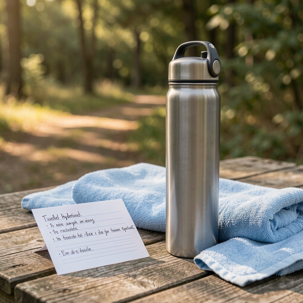 Reusable water bottle and simple hydration notes beside a towel after an outdoor run