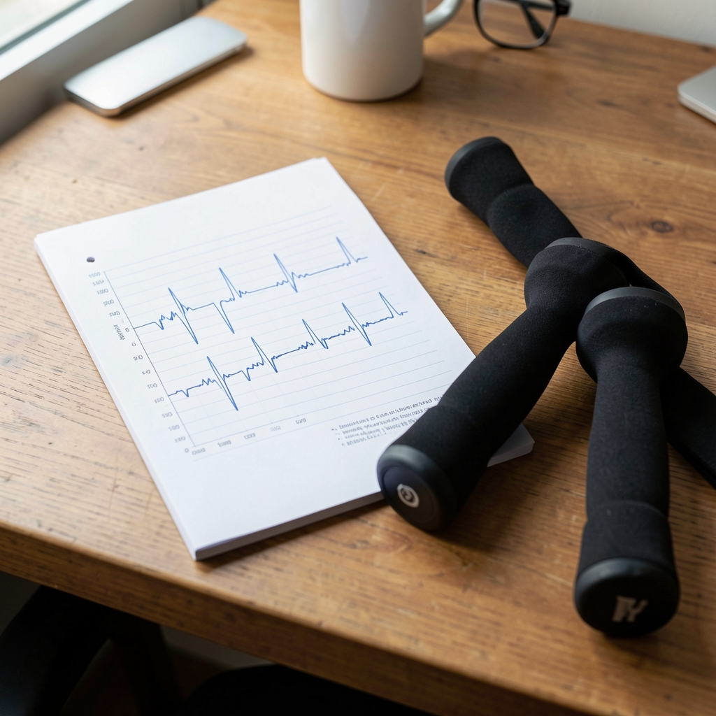 Exercise physiology notes, pulse trace and resistance band arranged on a wooden desk in Jakarta