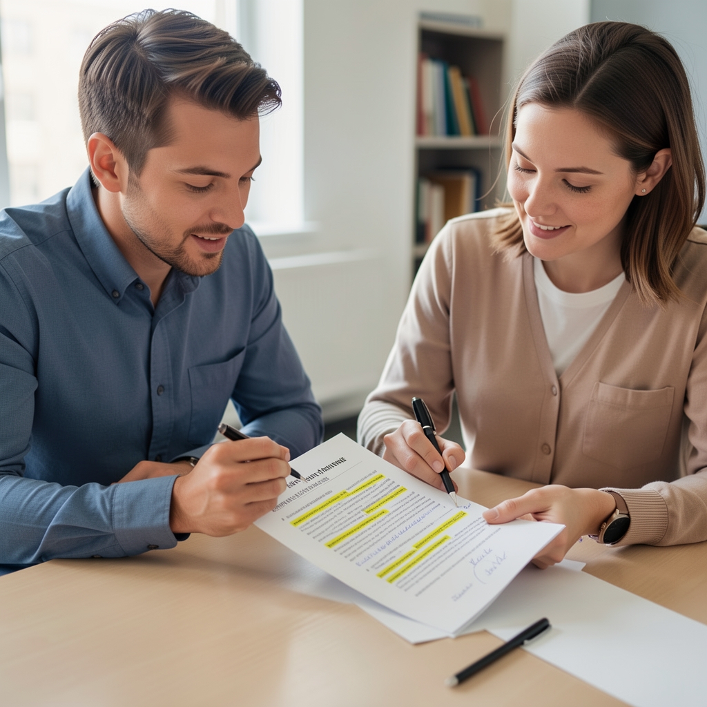 Two editors reviewing a printed training article with highlighted passages and handwritten notes