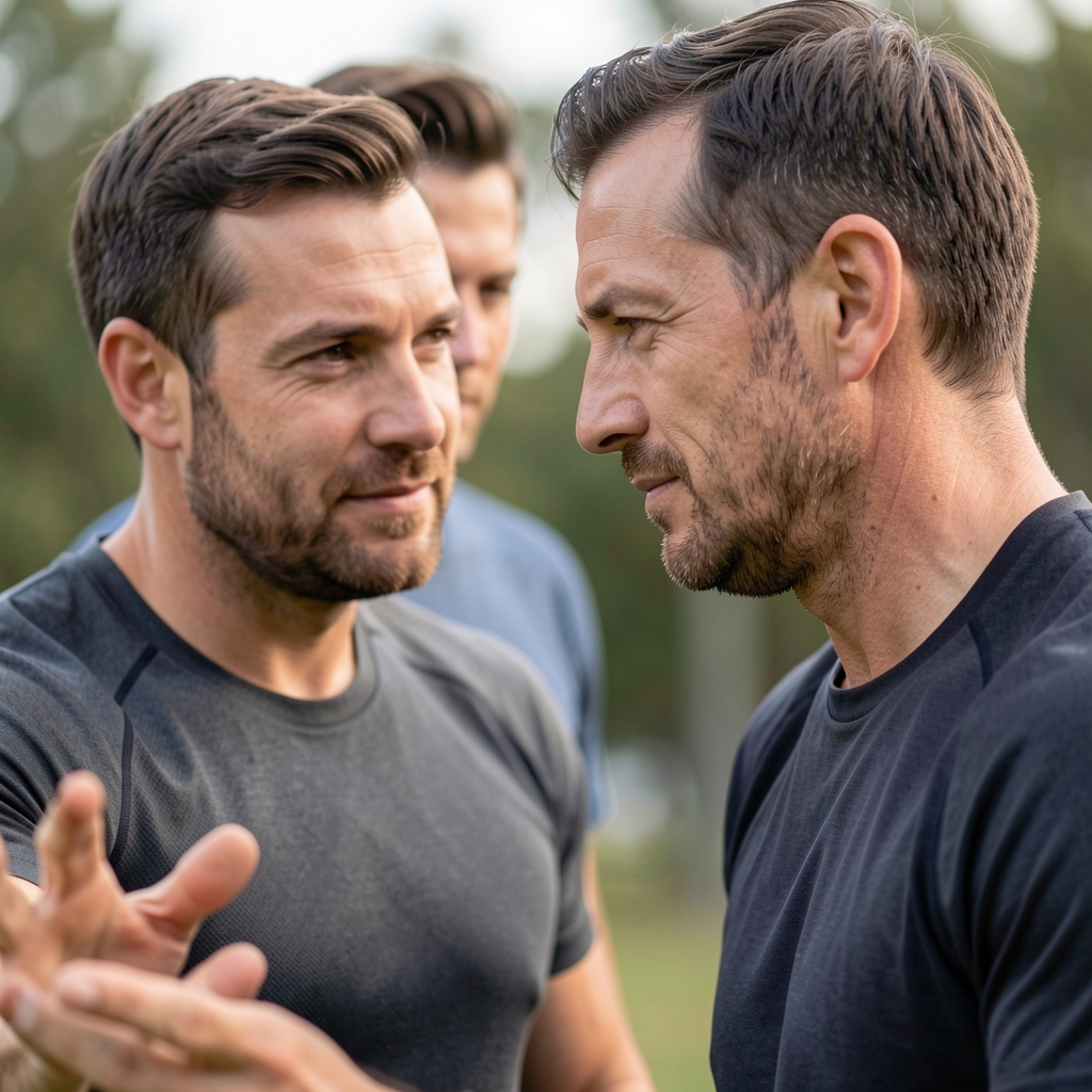 Coach giving calm movement feedback to a man in his forties during a single-leg balance exercise