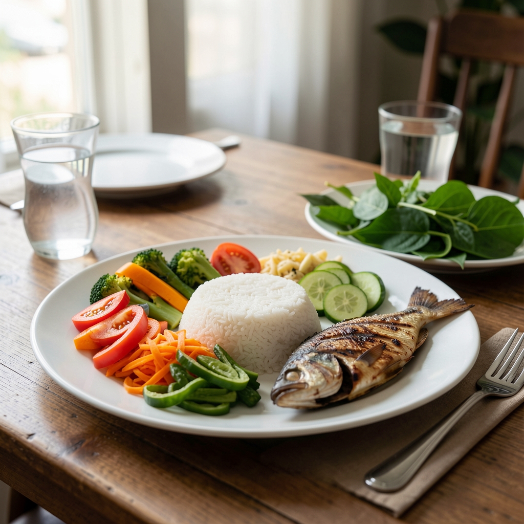 Colourful balanced meal with Indonesian vegetables, rice, grilled fish and fresh water on a dining table