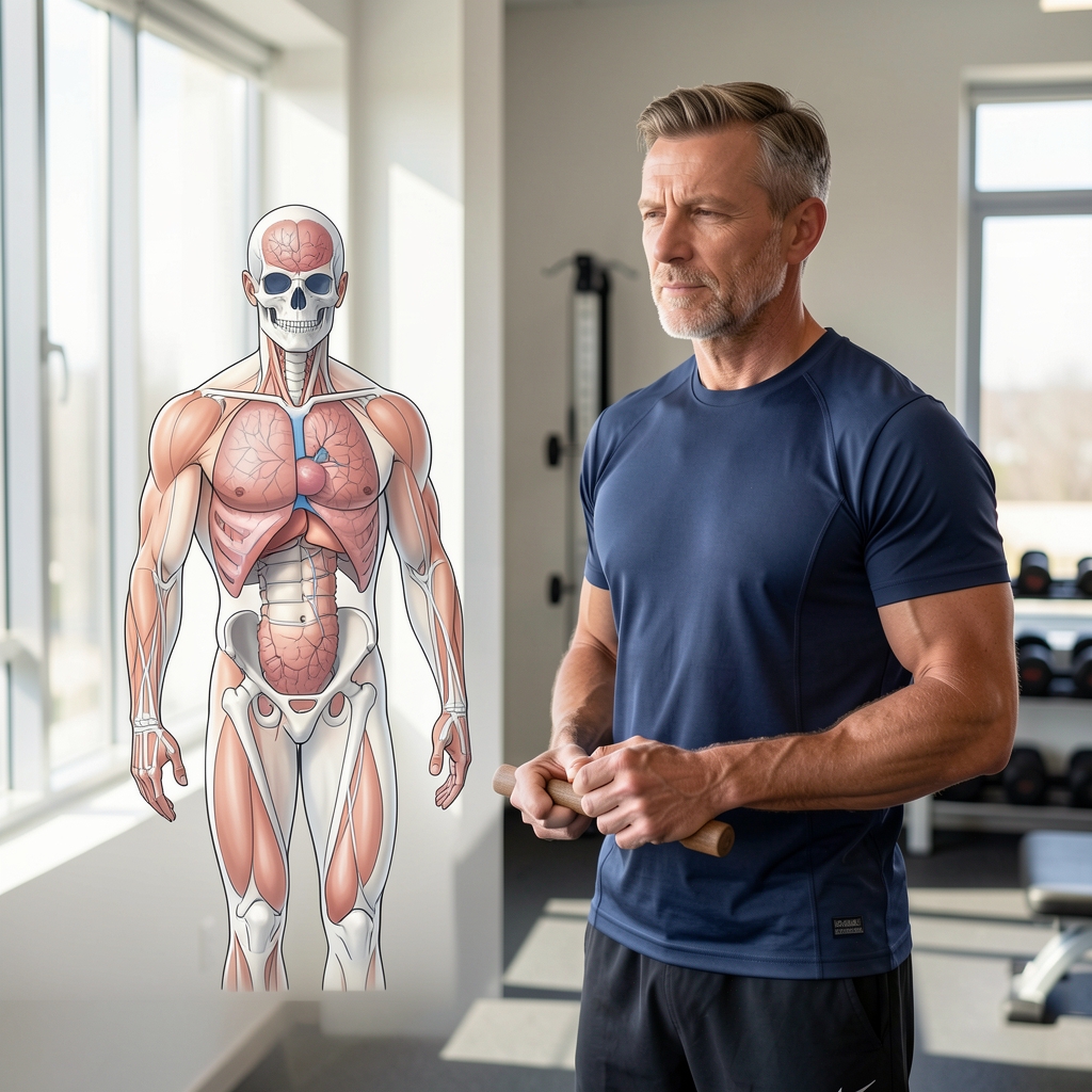 Physiology illustration beside a calm mature athlete preparing for a measured training session