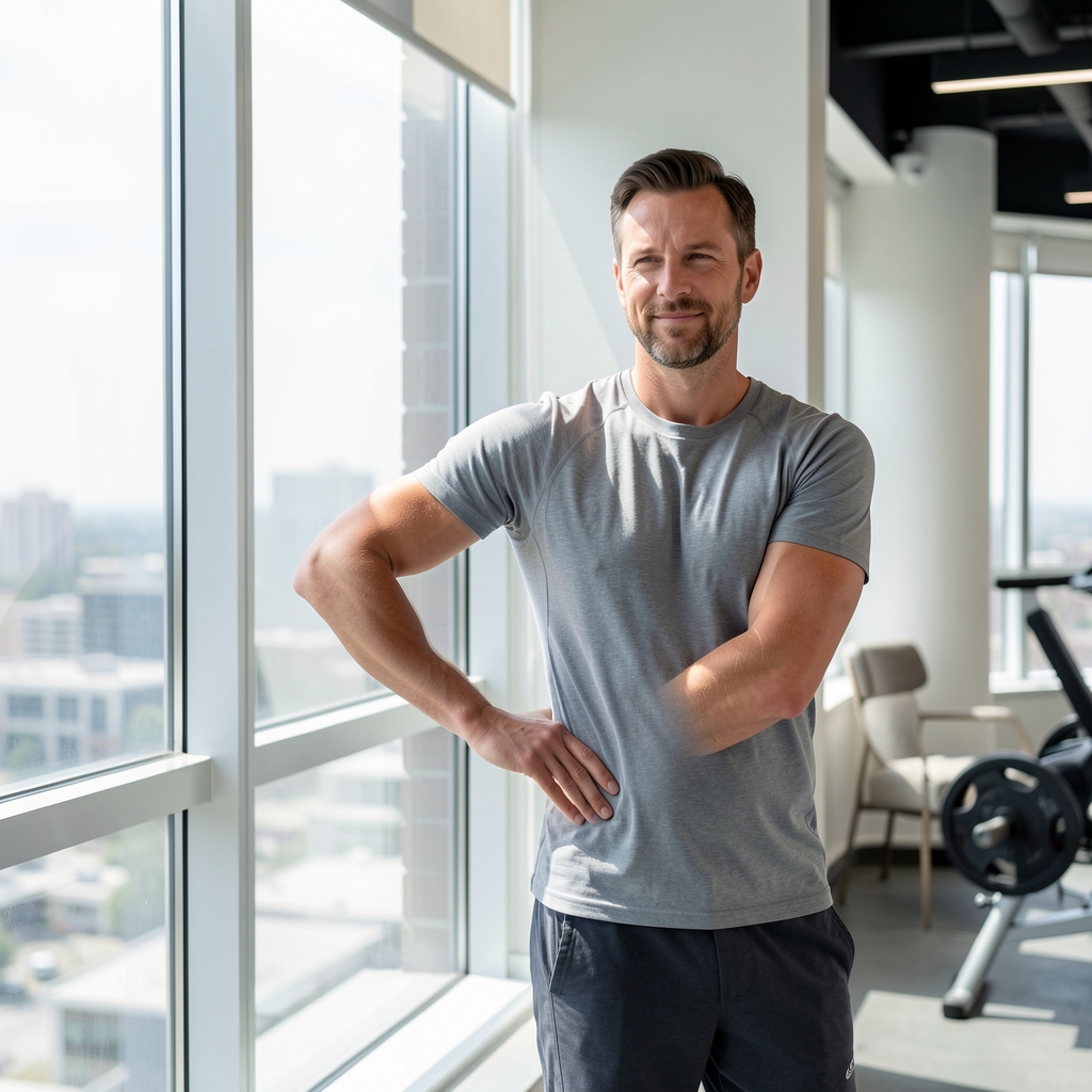 Man in his forties stretching calmly beside a window after a morning training session