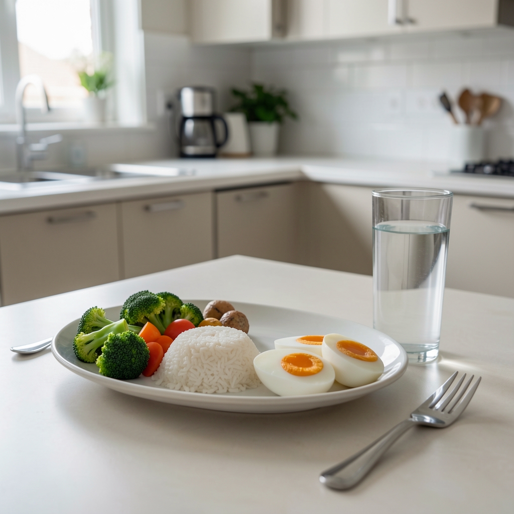 Balanced post-training meal with rice, vegetables, eggs and water on a clean kitchen table