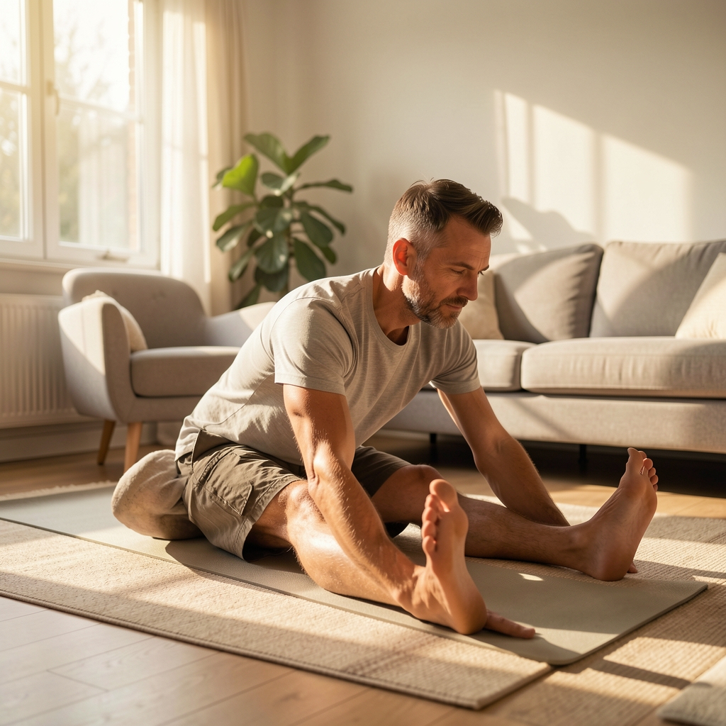 Man in his forties stretching on a mat in a sunlit living room during a quiet morning recovery routine