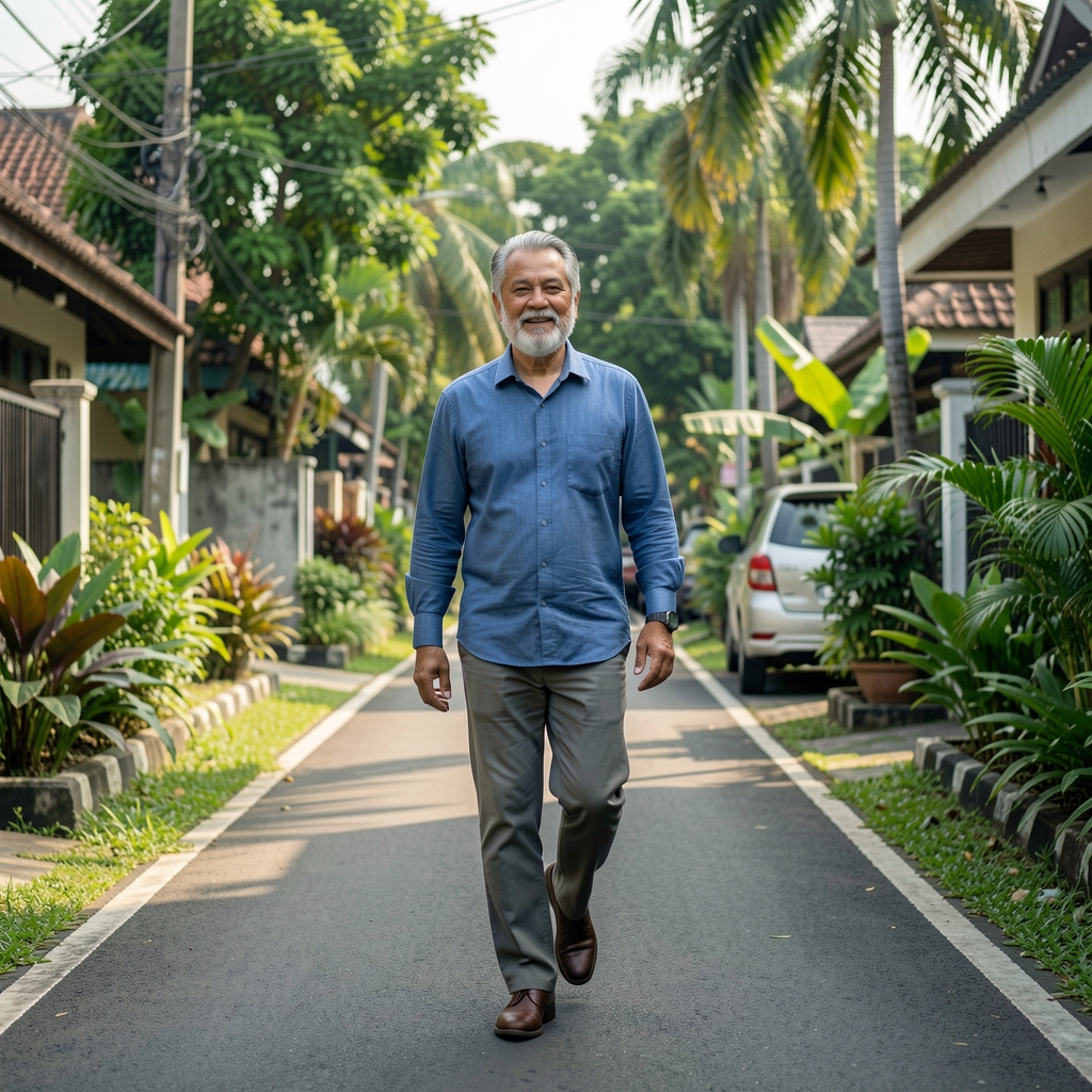 Mature man taking an easy recovery walk through a green Jakarta neighborhood