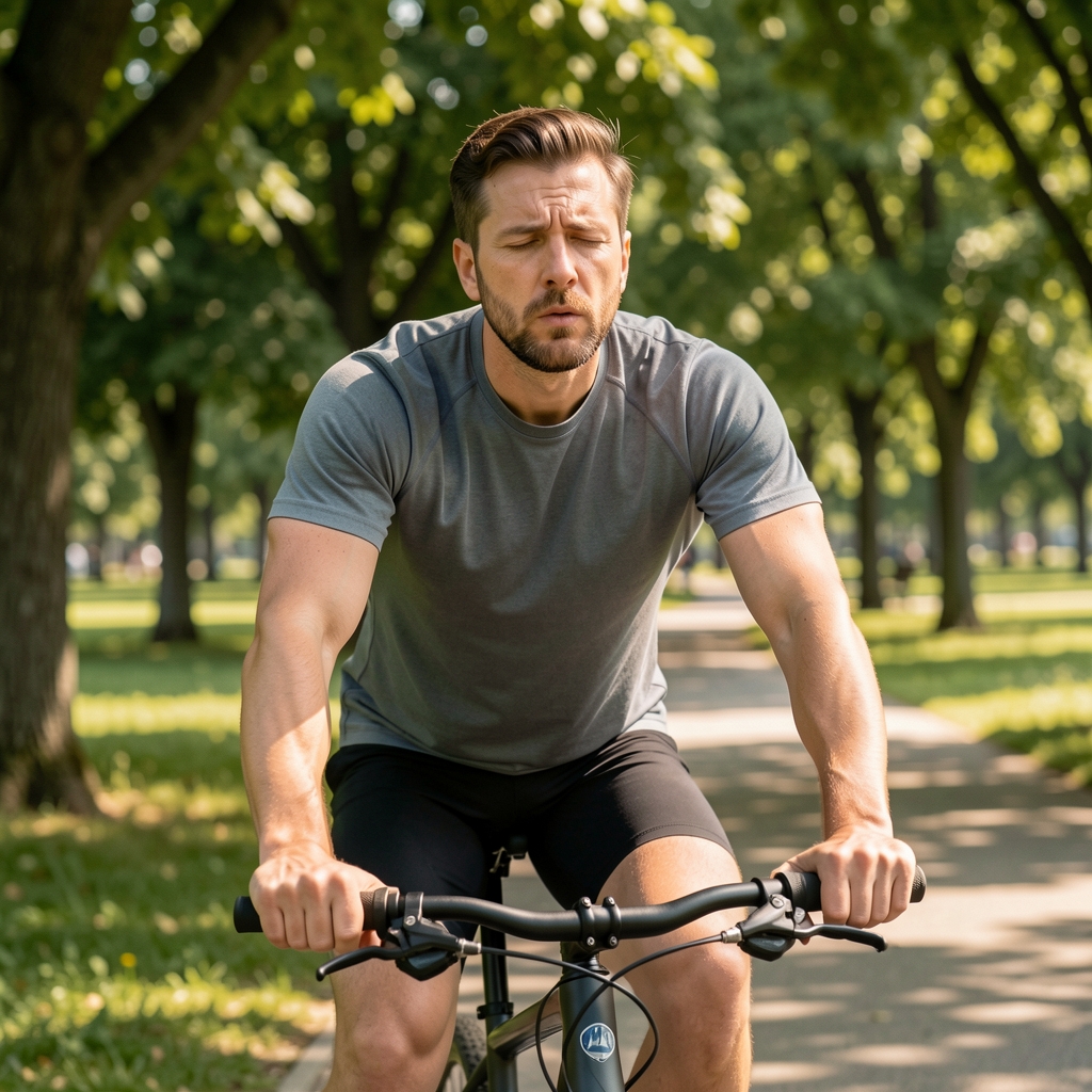 Man practising controlled breathing after cycling with hands resting on handlebars in a shaded park