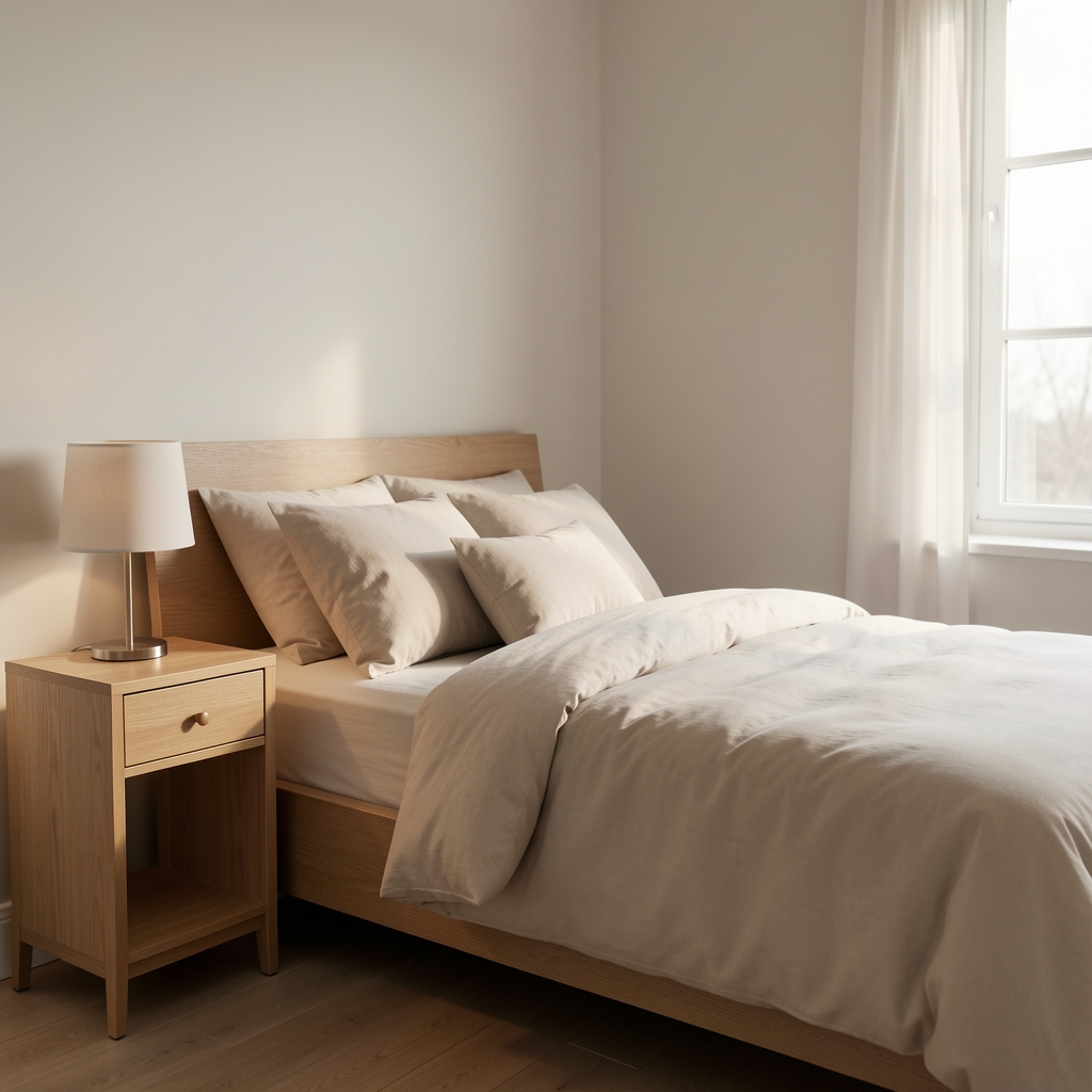 Quiet bedroom prepared for restful sleep with natural light and a simple bedside table