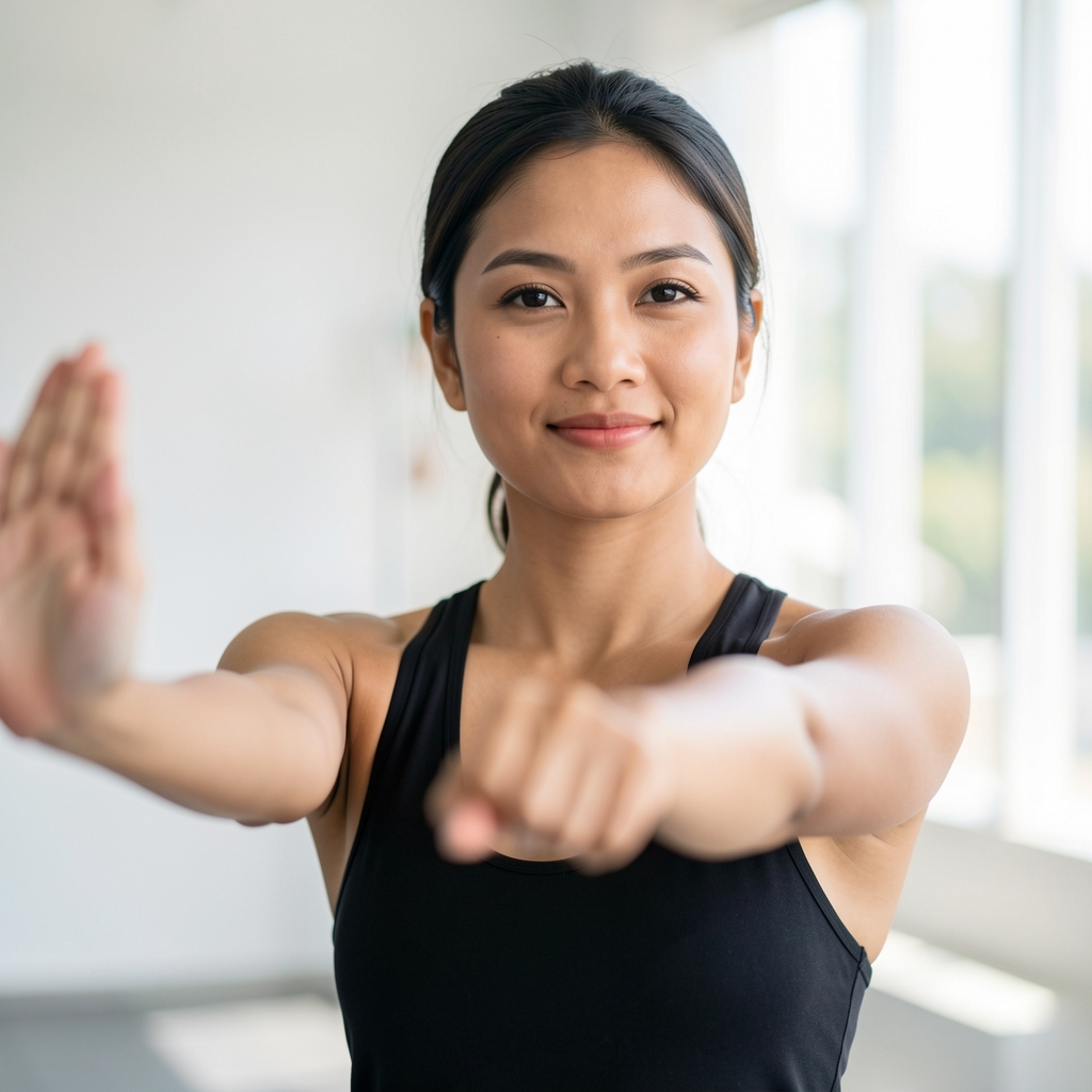 Indonesian female training editor demonstrating a mobility stretch in a bright studio space