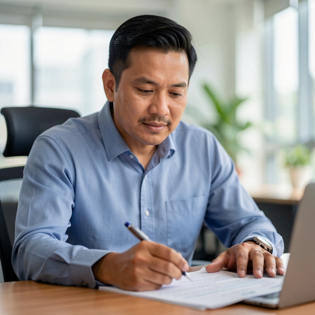 Indonesian male editorial writer in his forties reviewing training notes at a desk in a Jakarta office