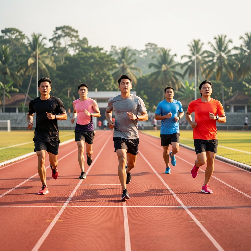 Small group of adult runners completing a measured interval session on an outdoor track in Indonesia
