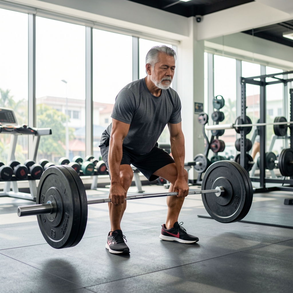 Mature man performing a controlled deadlift with a barbell in a bright Jakarta training studio
